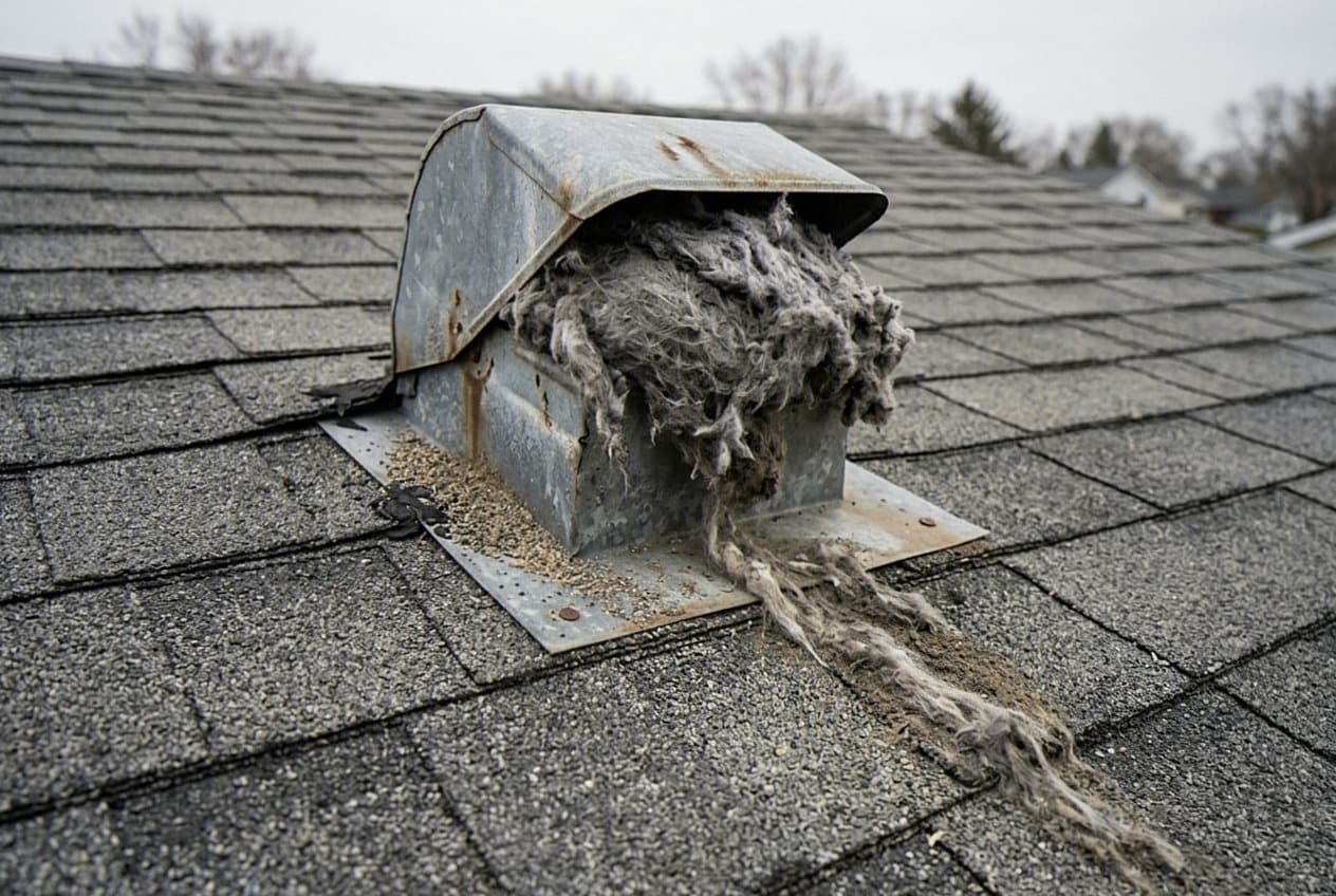 Rusted roof cap overflowing with matted lint
