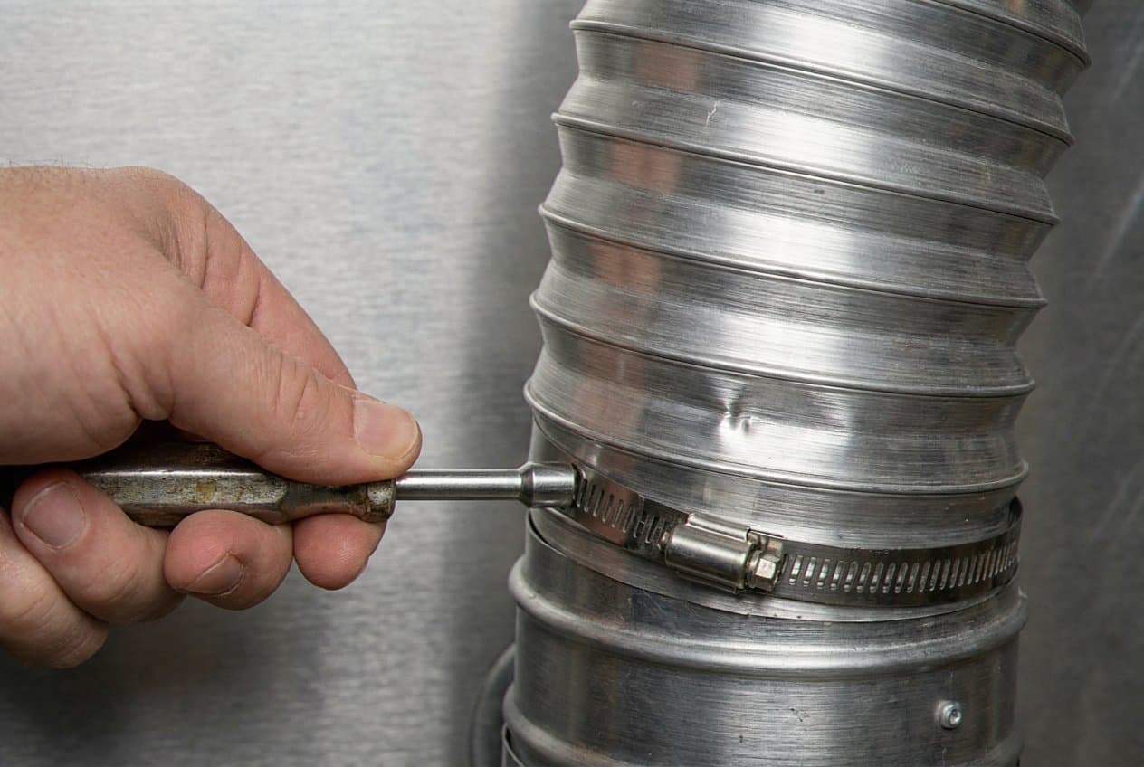 Hand tightening a clamp on metal duct
