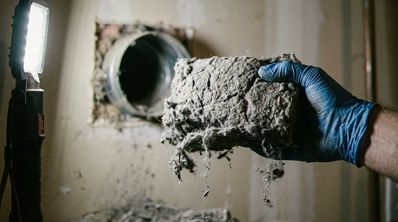 Gloved hand holding a thick clump of lint