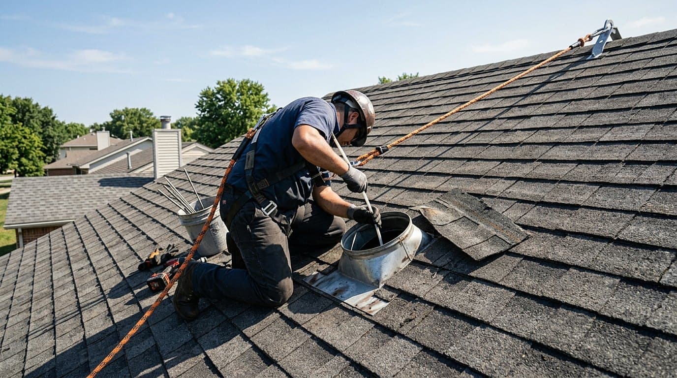 Harnessed technician clearing a roof vent cap