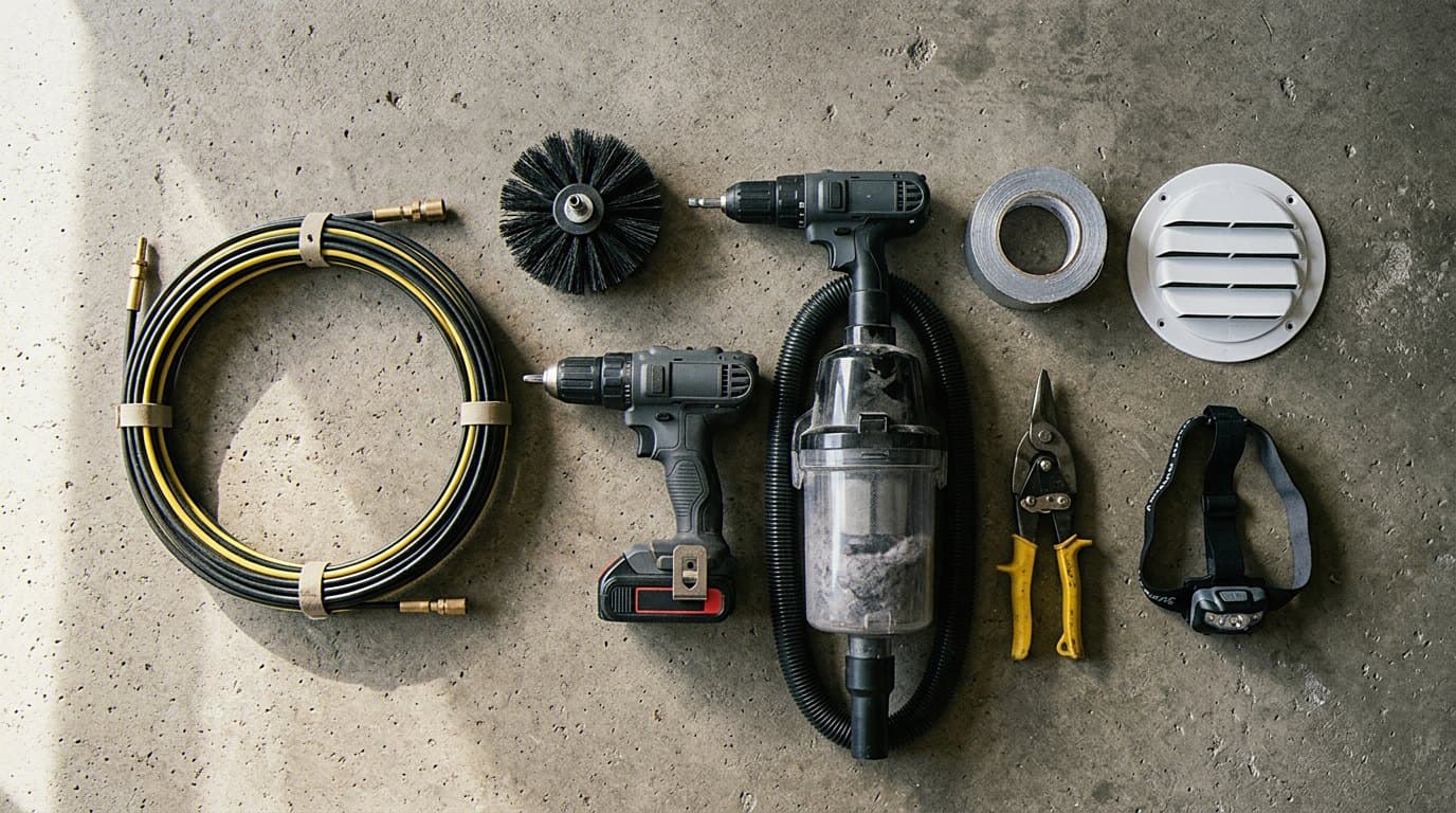 Vent installation tools arranged on a concrete floor