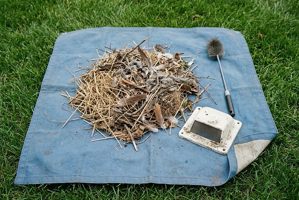 Bird nest debris and cleaning brush on a tarp