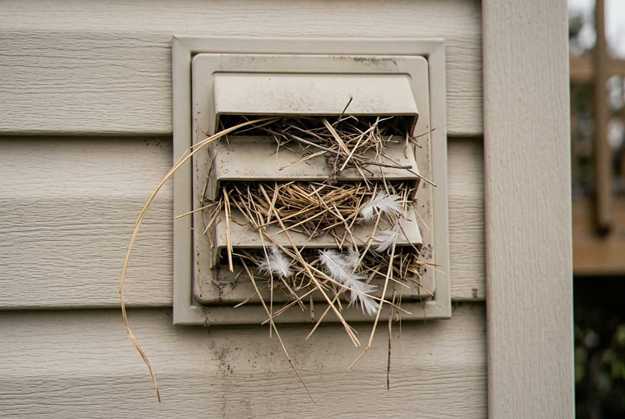 Bird nest straw poking through a vent hood