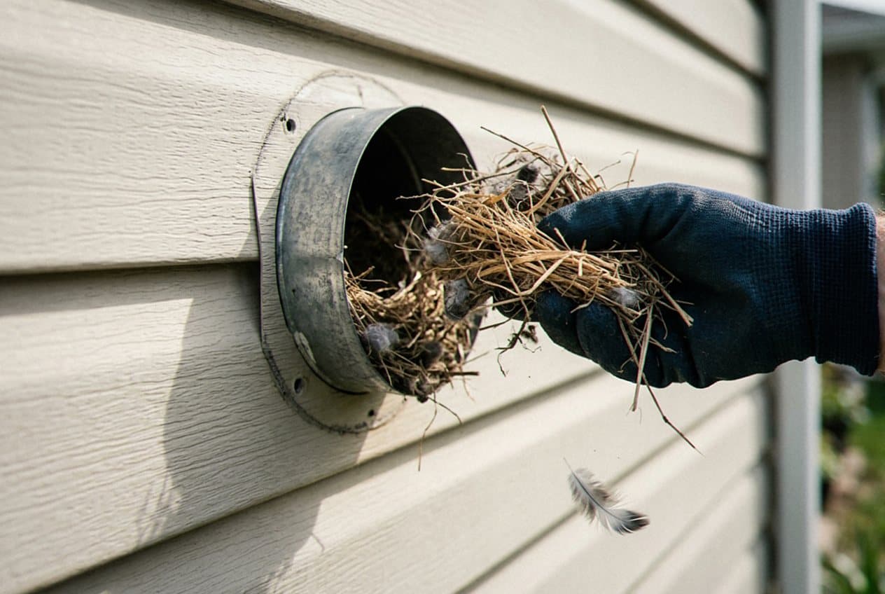 Gloved hand pulling a straw nest from a vent