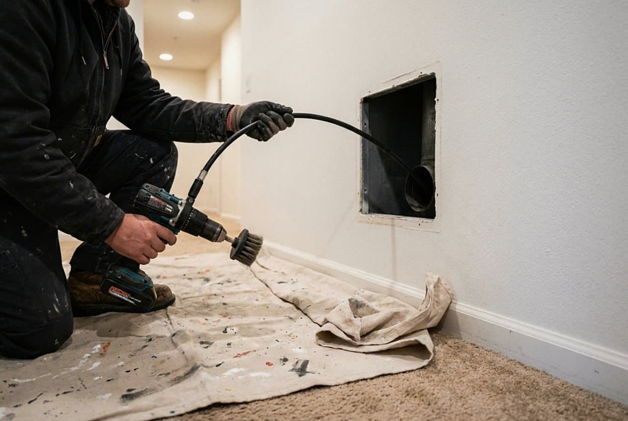 Technician cleaning a vent opening in a hallway
