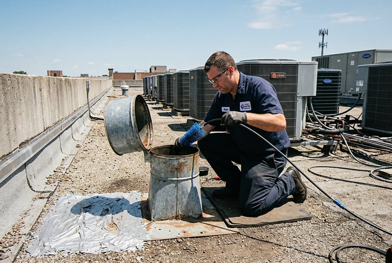 Technician brushing a rooftop vent among HVAC units