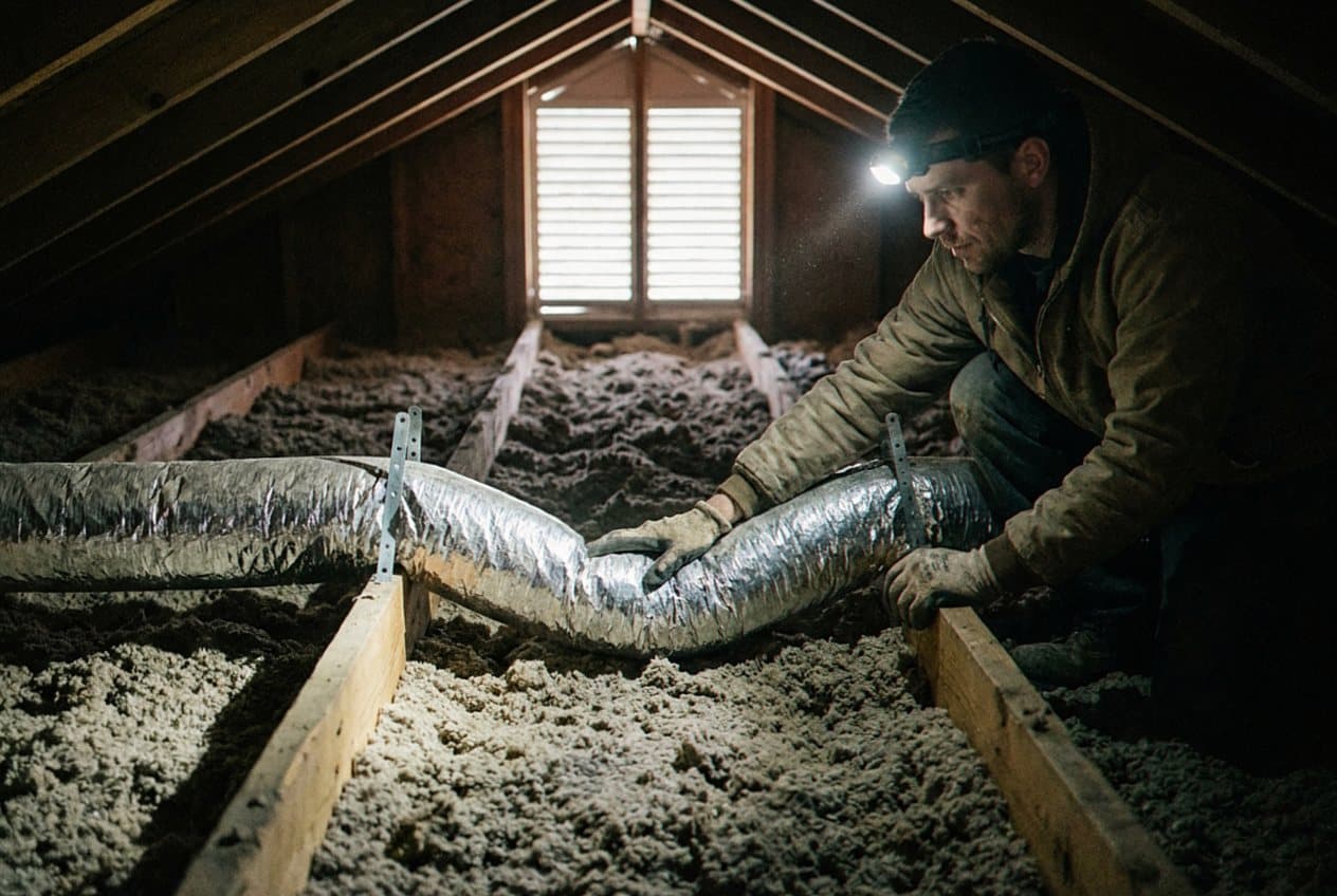 Technician inspecting a duct run in the attic