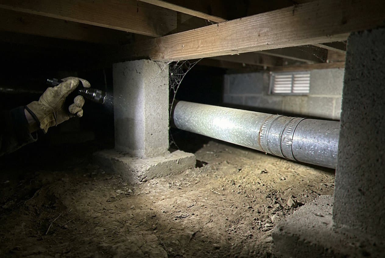 Flashlight tracing a duct line in a crawlspace