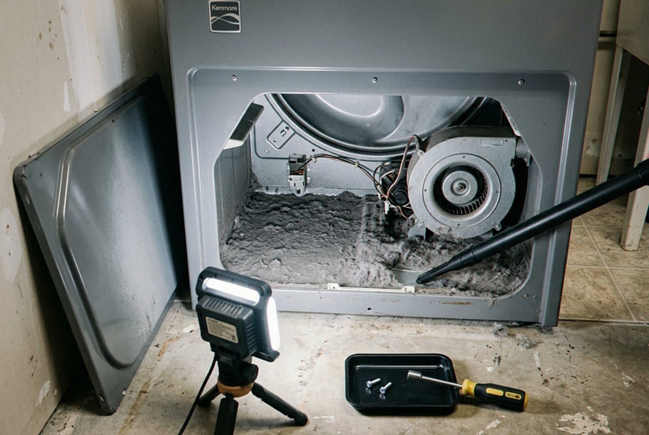 Dryer's rear panel open showing a lint-packed blower