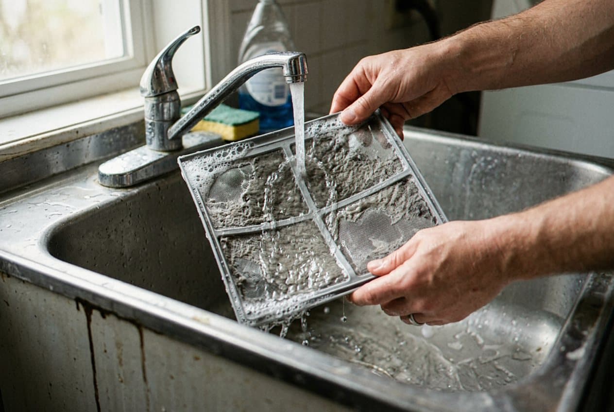 Rinsing a lint-caked screen under running water
