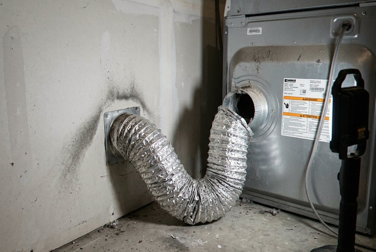 Loose duct hose sagging beside a dryer