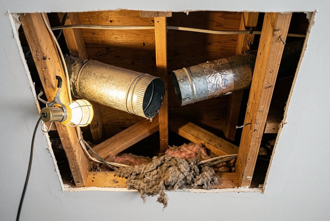 Two duct sections exposed inside attic framing