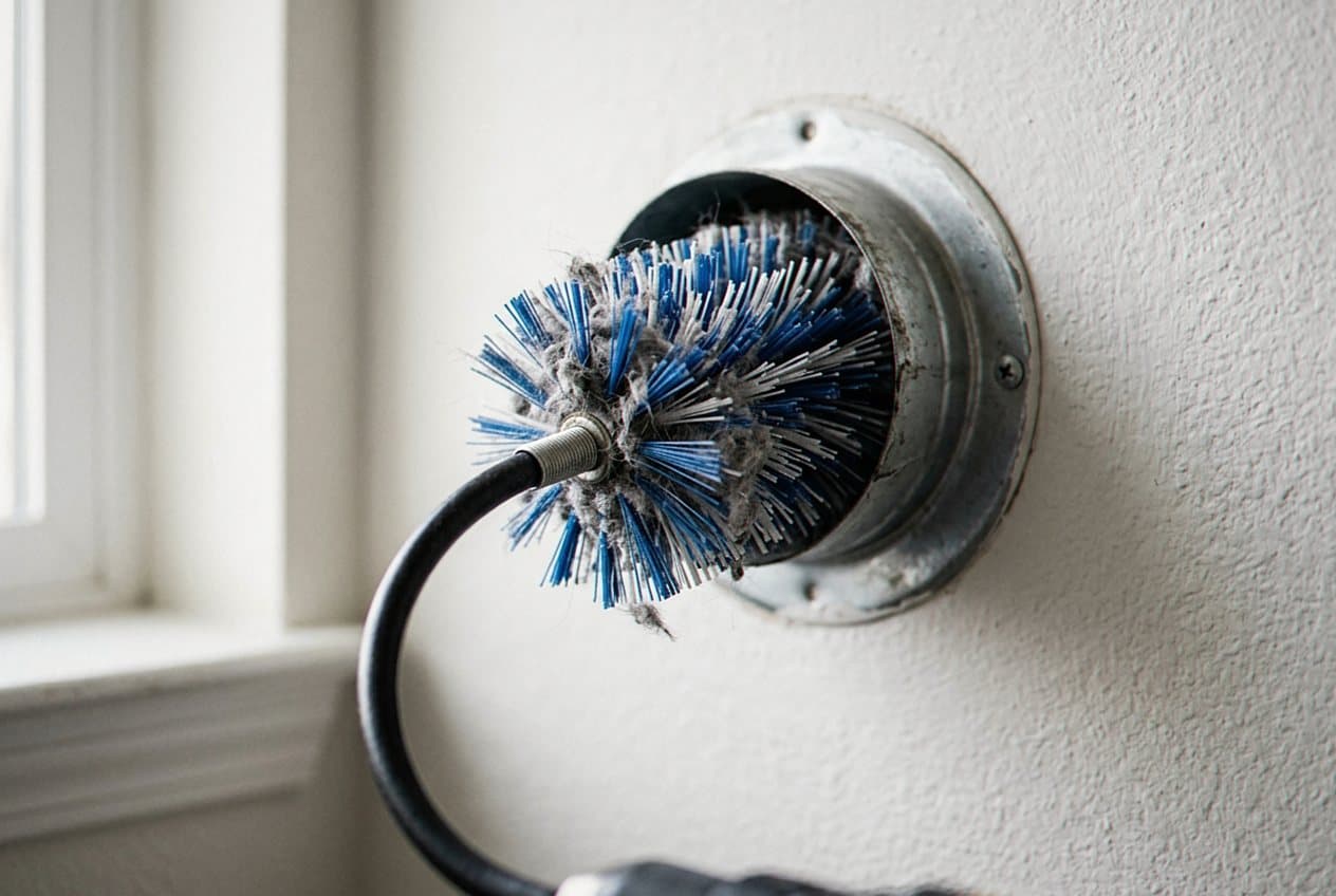 Lint-caked brush emerging from a wall vent