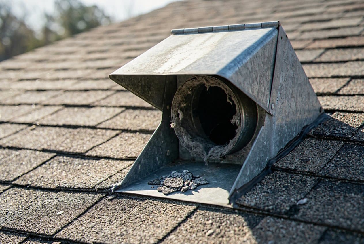 Open roof vent cap clogged with dark lint