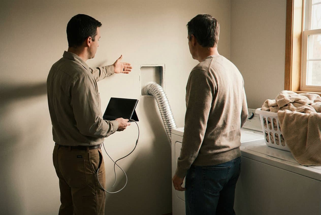 Technician points out the dryer vent opening to homeowner
